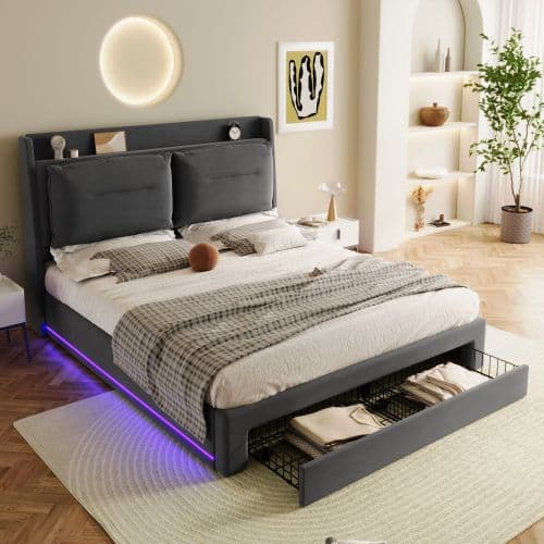 Upholstered Bed, 150x200 5ft King Size Bed, Hydraulic Bed, 2-in-1 Storage Drawers At The End Of The Bed, Recessed LED Light Strips On Both Sides Of The Bed, Slatted Frame, Velvet,Dark Gray